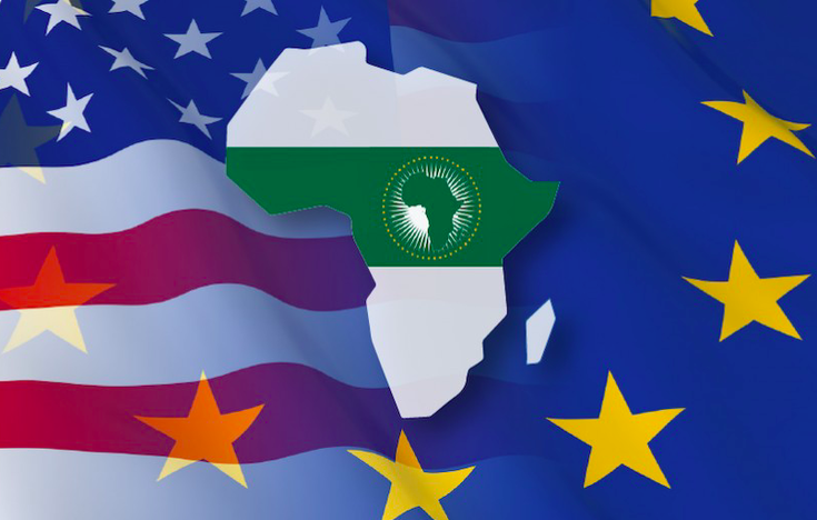 Flags of EU and US with map of Africa and AU flag