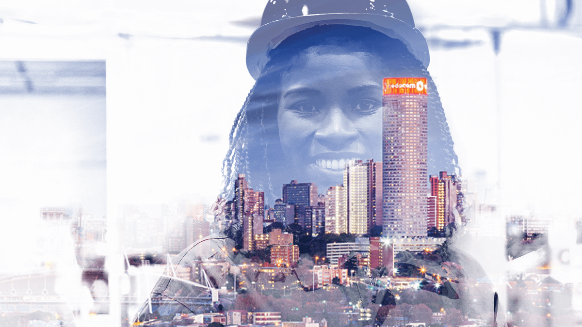 Collage: City skyline and African woman worker - Inclusive, sustainable economic growth is crucial for societal development