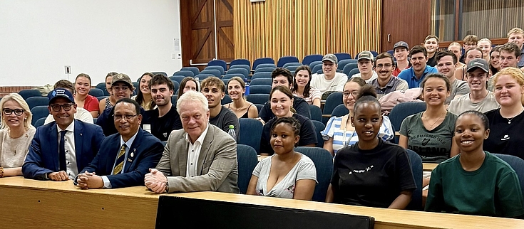 Auditorium with people: During the interactive delegation engagements with students and faculty at the Elsenburg Agricultural Training Institute in the Western Cape