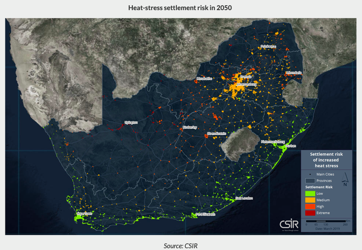 Map South Africa: Heat-stress settlement risk in 2050
