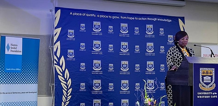 Speaker on stage: The HSF has partnered with the Dullah Omar Institute for many years. We were proud to support the Memorial Lecture by Prof Thuli Madonsela.